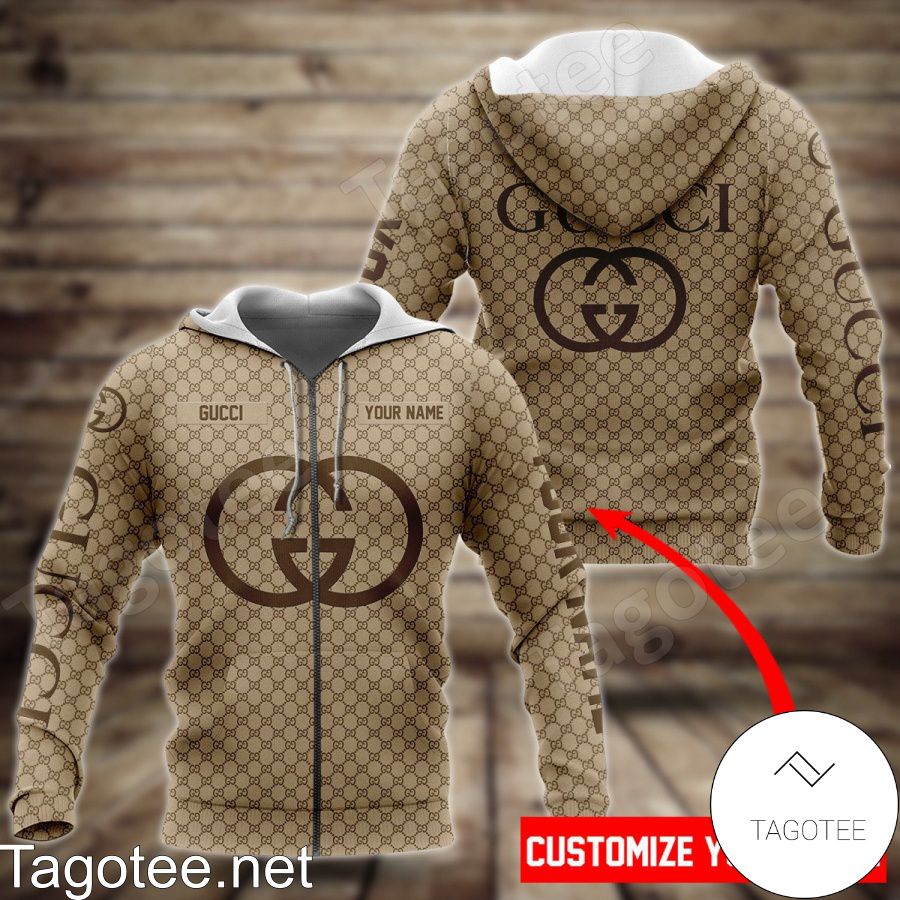 Personalized Gucci Light Brown Monogram With Big Logo Center Hoodie