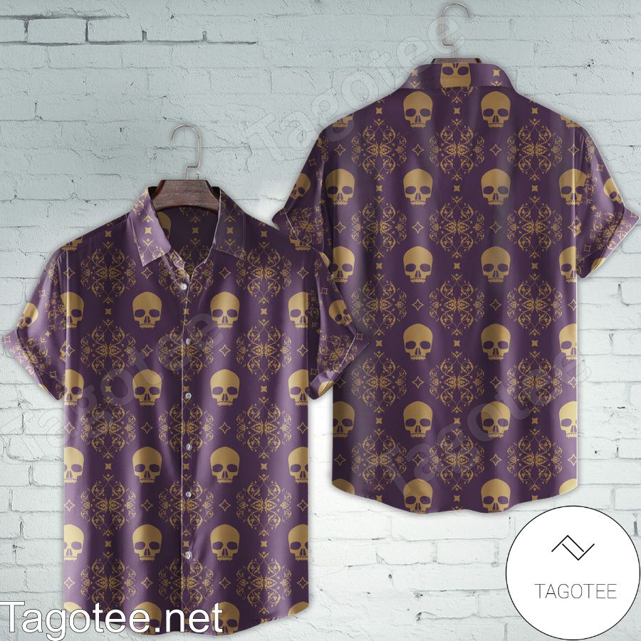 Purple And Gold Damask Skull Hawaiian Shirt a