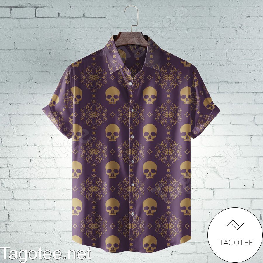 Purple And Gold Damask Skull Hawaiian Shirt