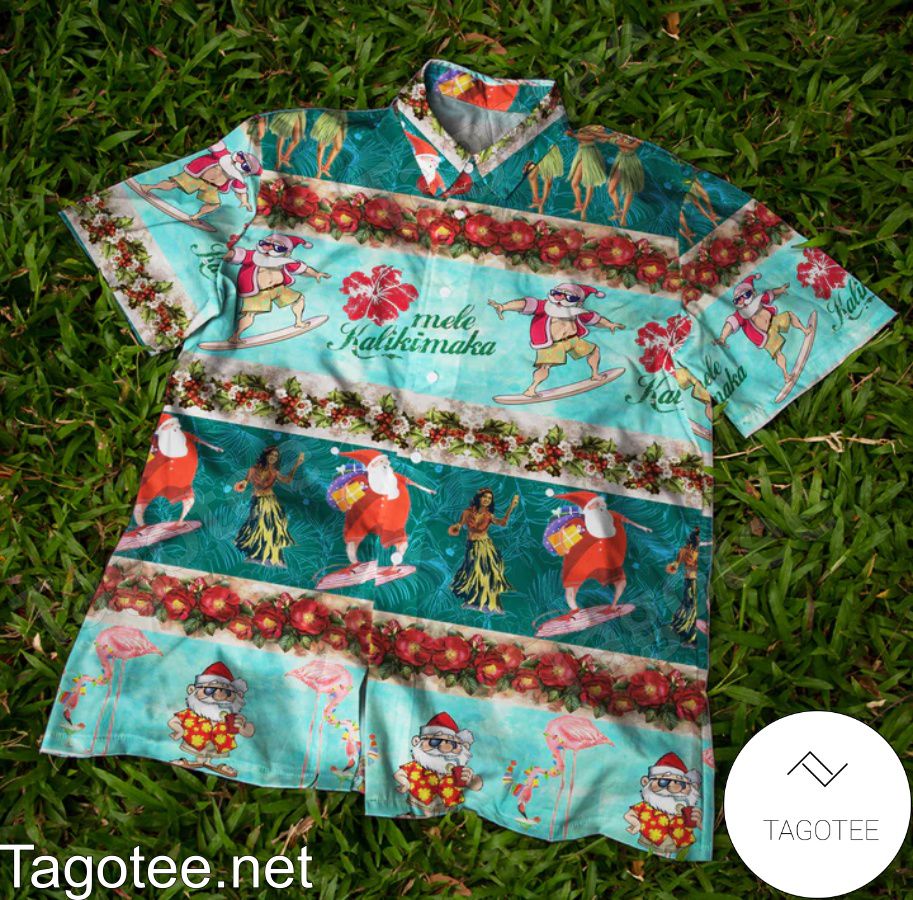 Santa Mele Kalikimaka Christmas Xmas Flamingo Hawaiian Shirt