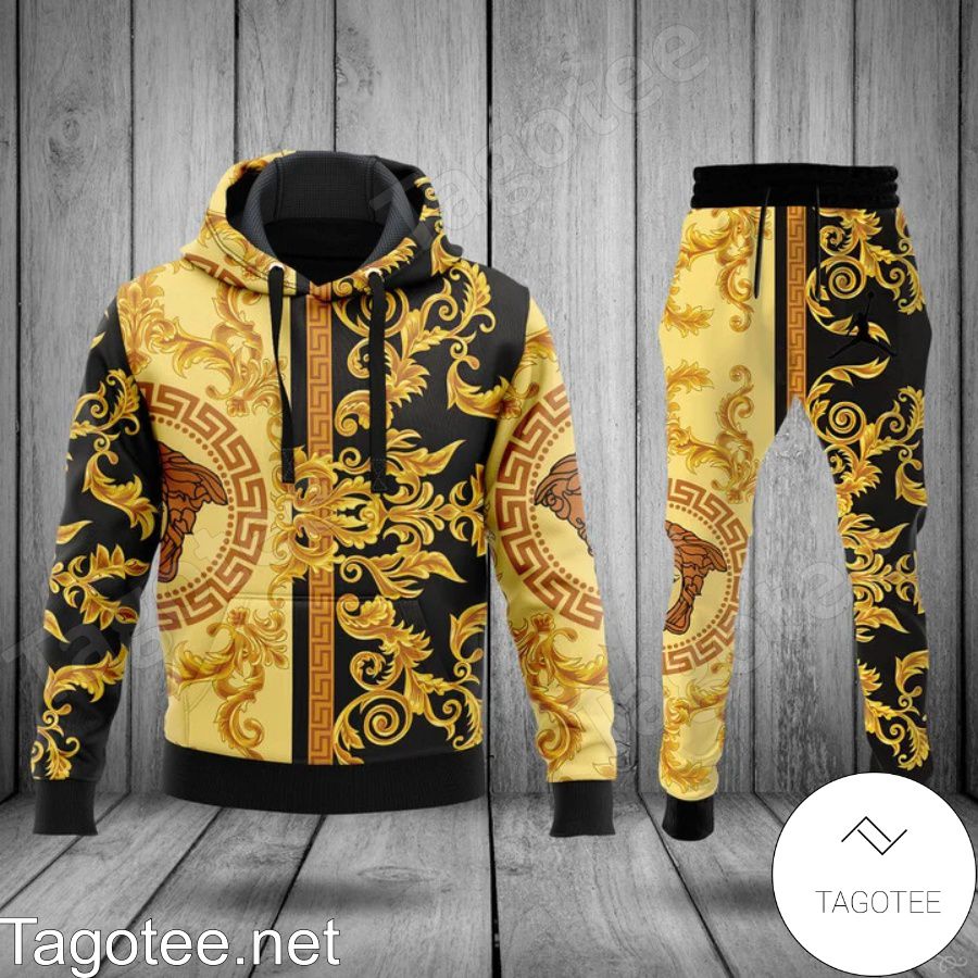 Versace Baroque Pattern Black Mix Yellow Hoodie And Pants