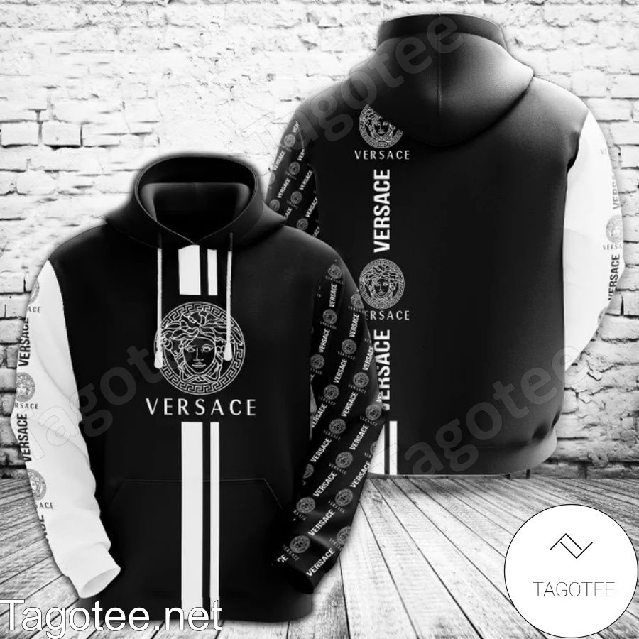 Versace Brand Name And Logo Print Black And White Hoodie