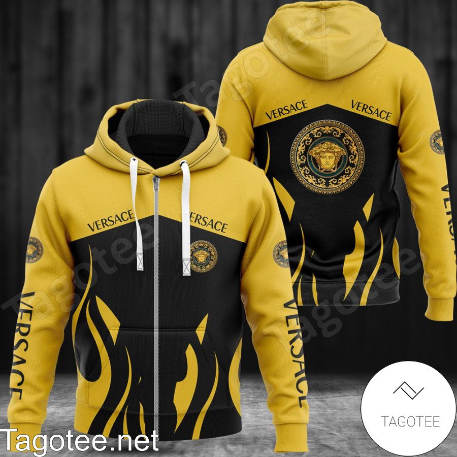 Versace Fire Pattern Black And Yellow Hoodie