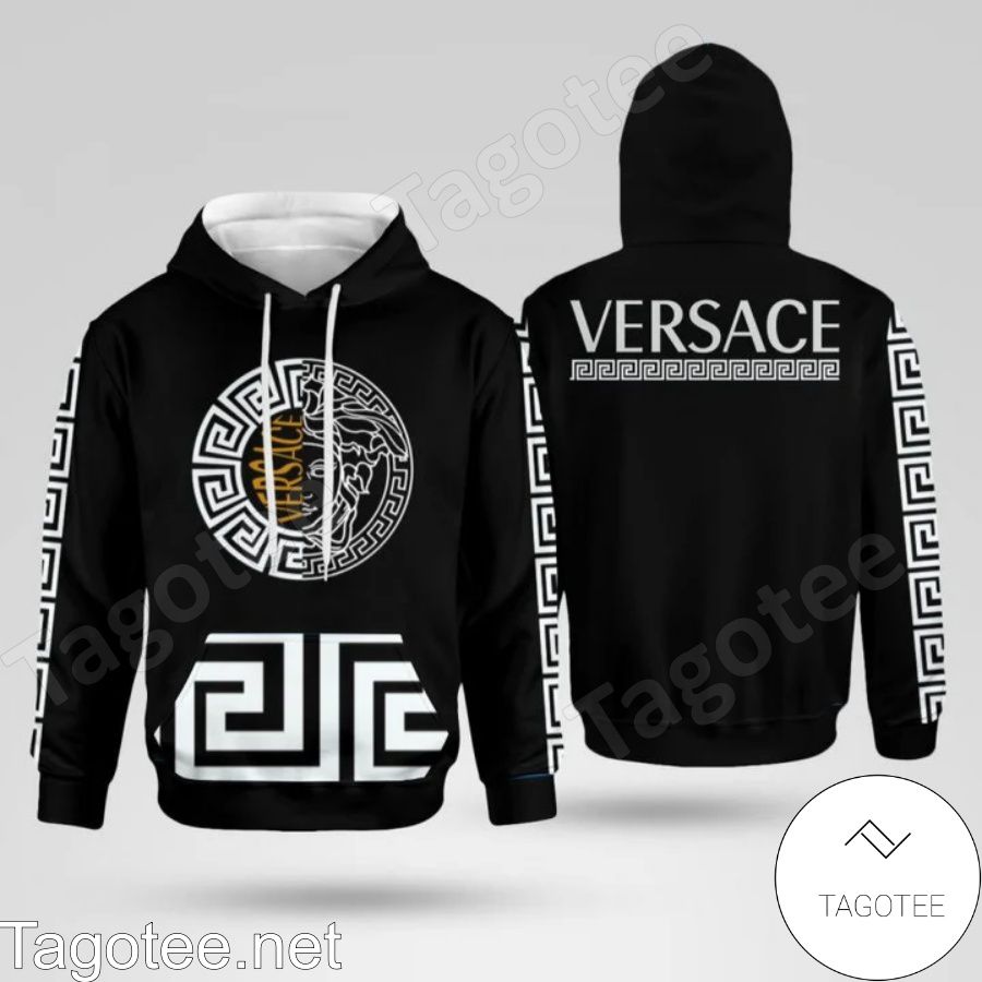 Versace Half Medusa Logo Greek Key On Sleeves Black Hoodie