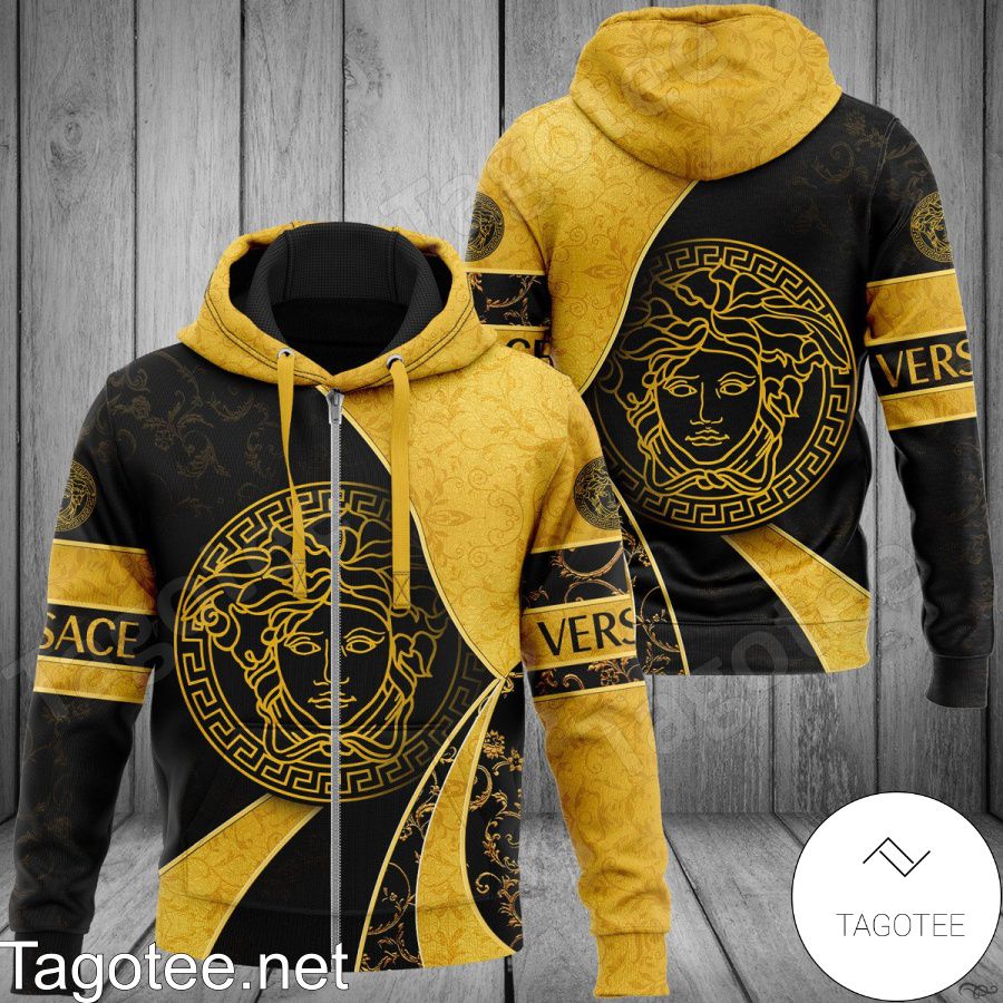 Versace Logo Baroque Print Curves Black And Gold Hoodie - Tagotee