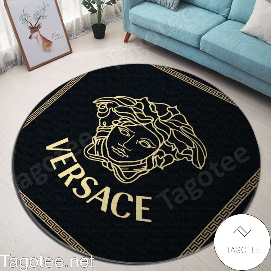 Versace Medusa Logo With Greek Key Black Round Rug