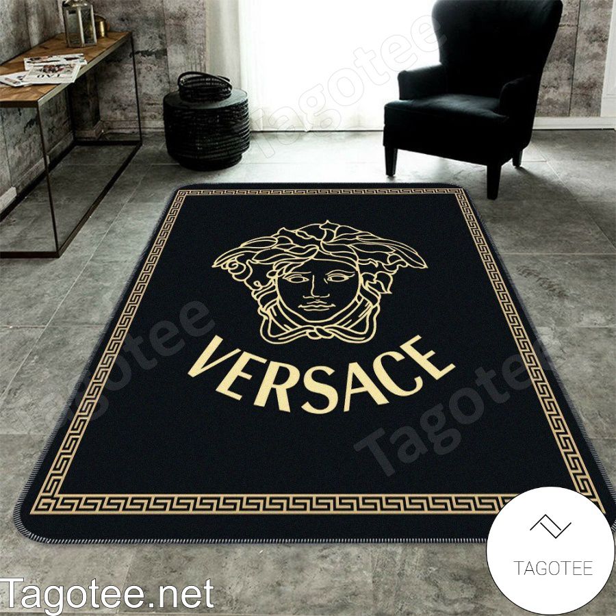 Versace Medusa Logo With Greek Key Black Rug