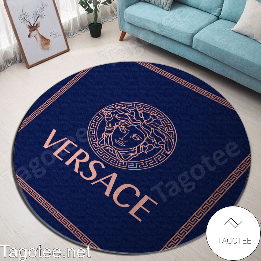 Versace Medusa Logo With Greek Key Border Blue Round Rug